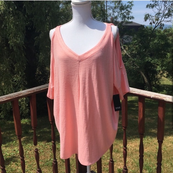 New! Pink Jersey Knit Cold Shoulder V Neck Blouse - Picture 6 of 6